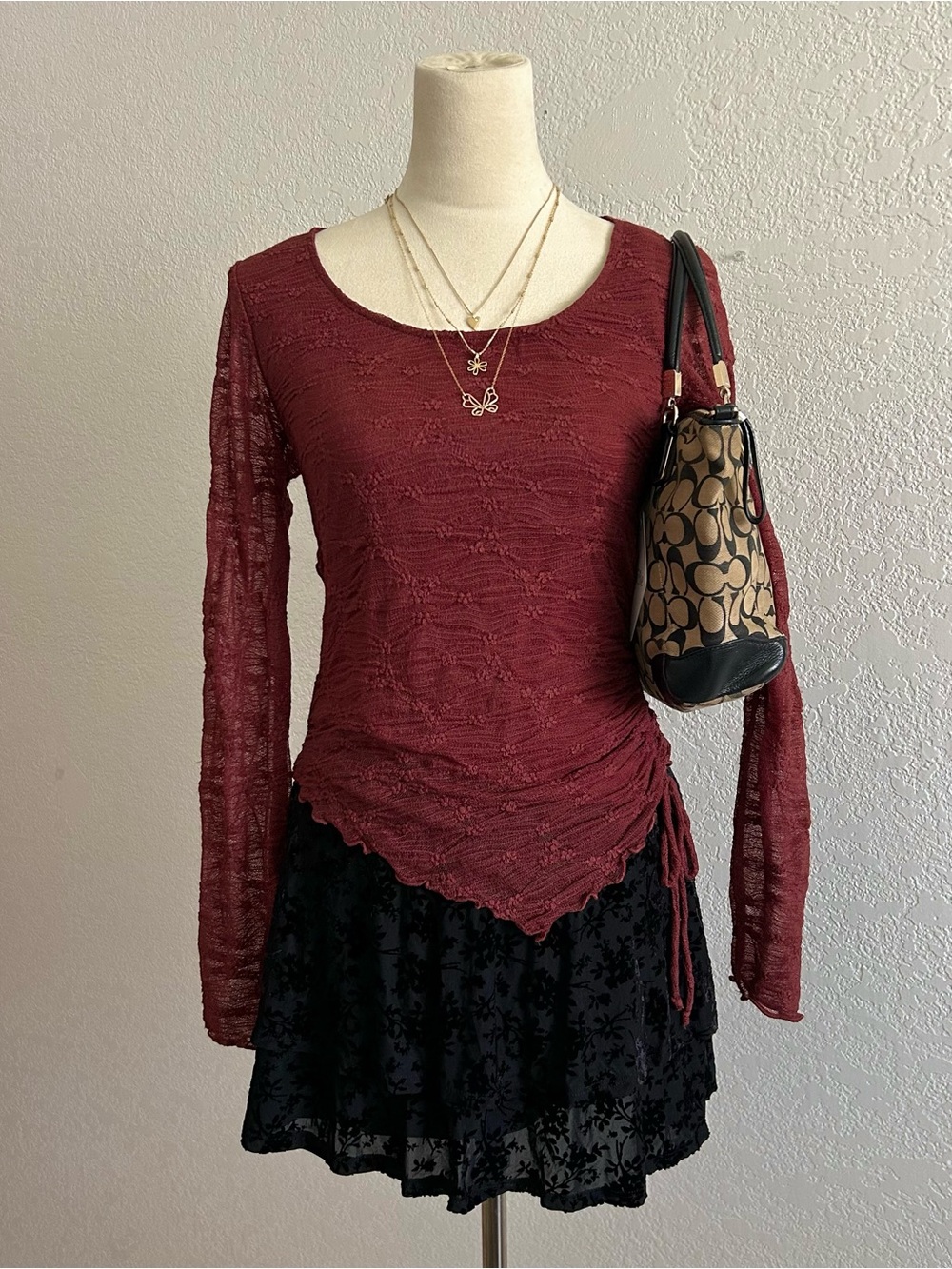 La Peche Whimsigoth Y2K Style Burgundy Asymmetrical Lace Long Sleeve Blouse Top